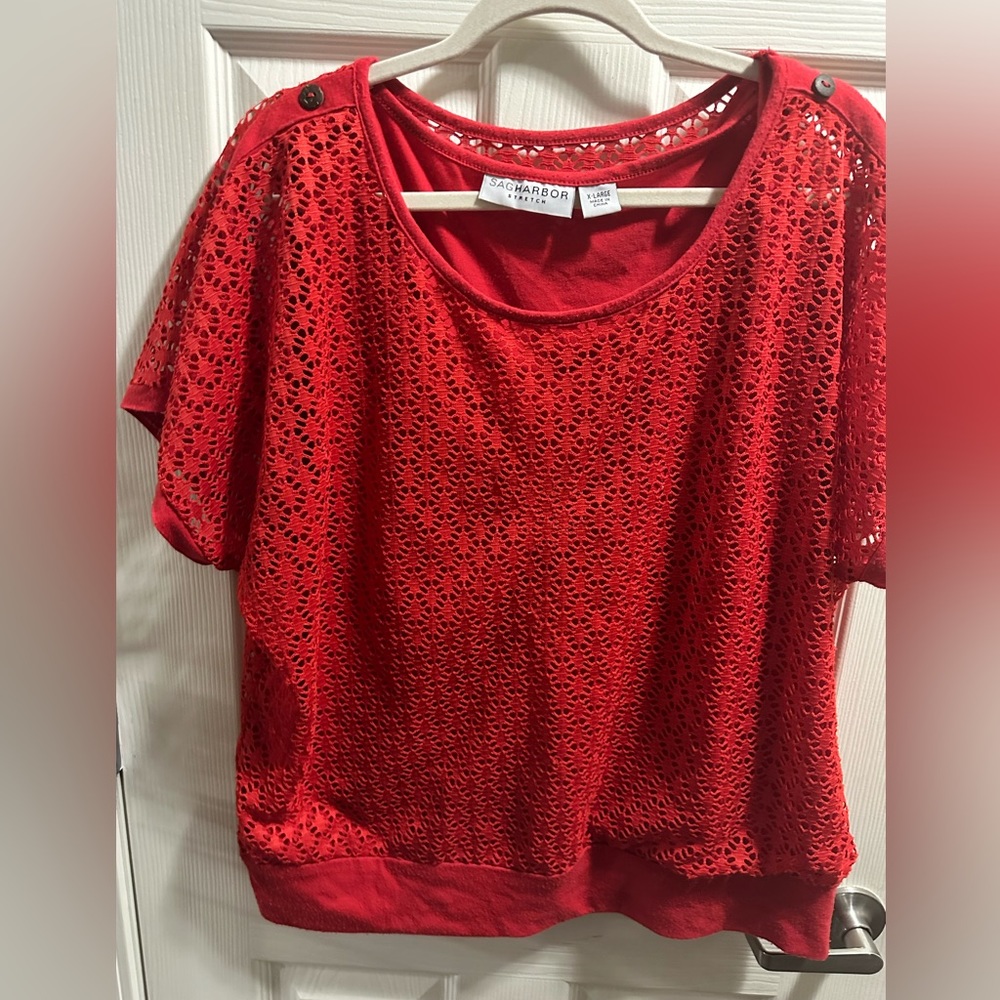 Sag Harbor Vibrant Red Eyelet Shirt Sleeve Blouse